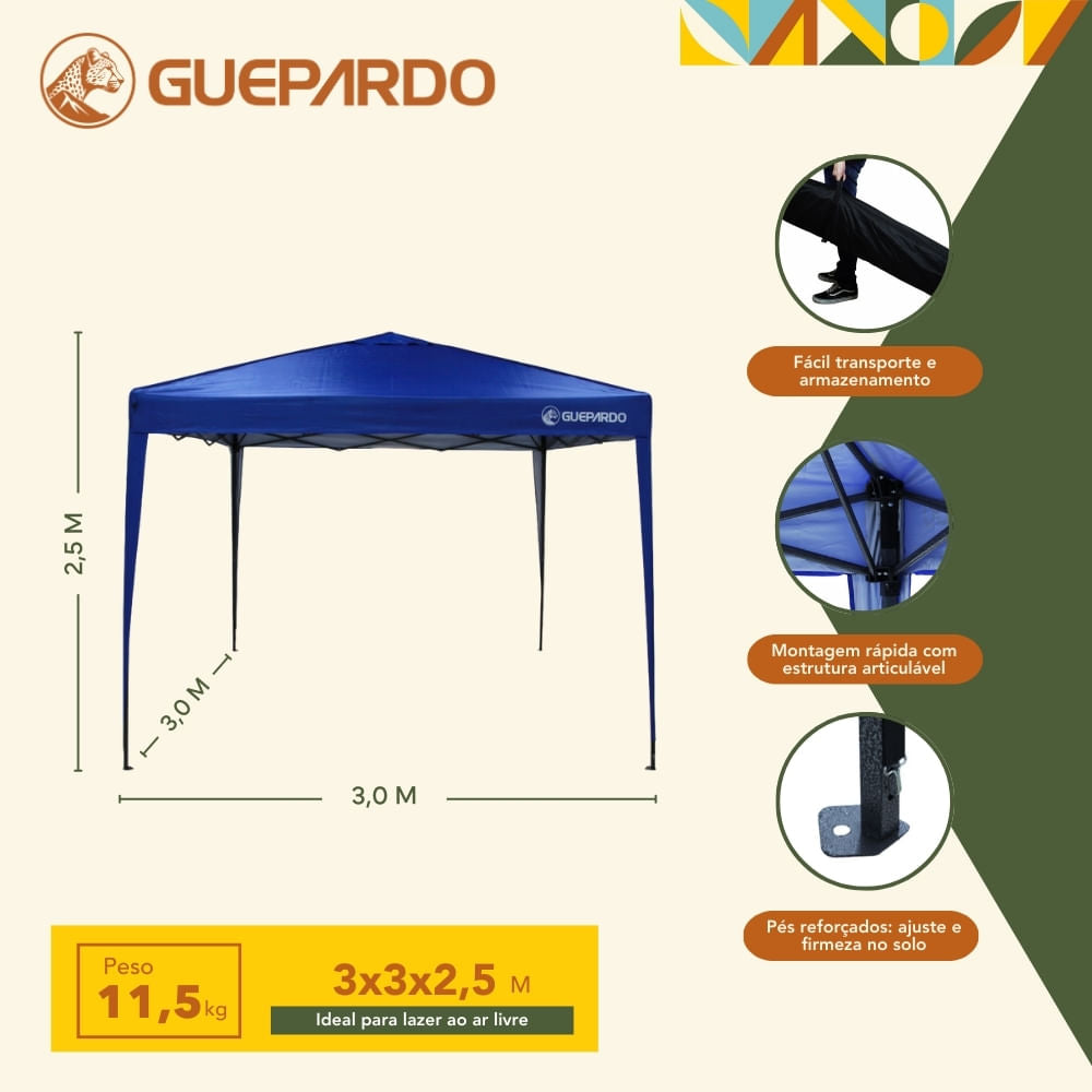 Gazebo articulado Guepardo de 3m x 3m com proteção solar UV 60+ e coluna d’água de 1000 mm Pratiko
