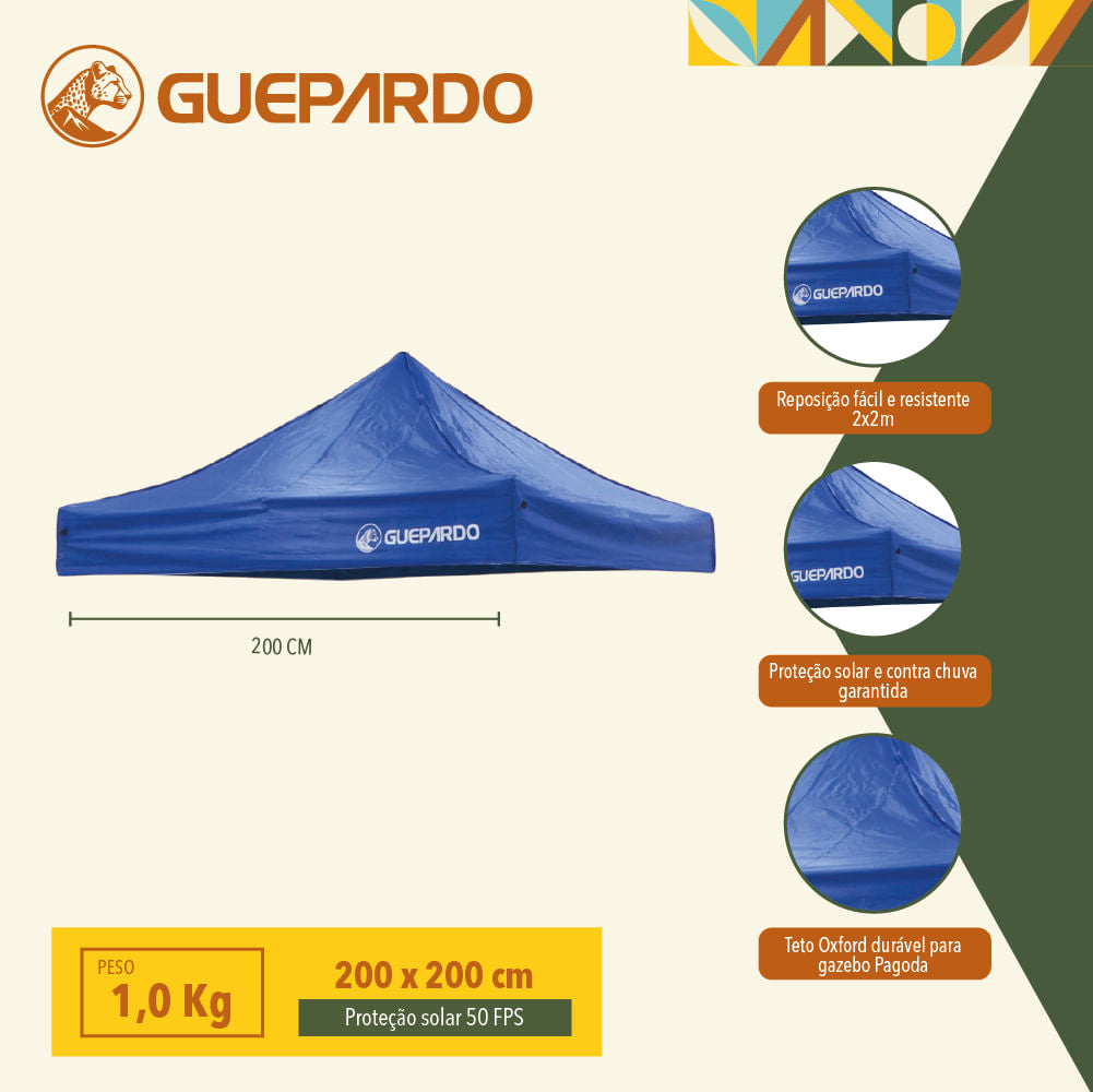 Teto para Gazebo Pagoda 2x2 Guepardo em Poliéster Oxford com Proteção Solar FPS 50