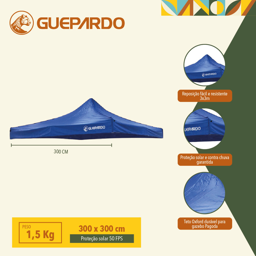 Teto para Gazebo 3x3 Pagoda Guepardo em Poliéster Oxford com Proteção Solar 50 FPS