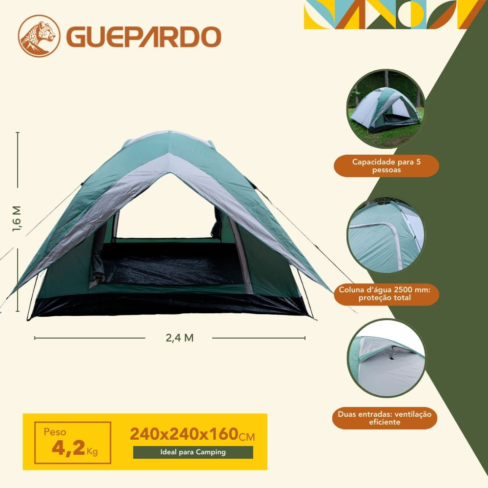 Barraca para camping Guepardo com duas entradas e coluna d'água de 2500 mm Vênus Ultra 5 pessoas