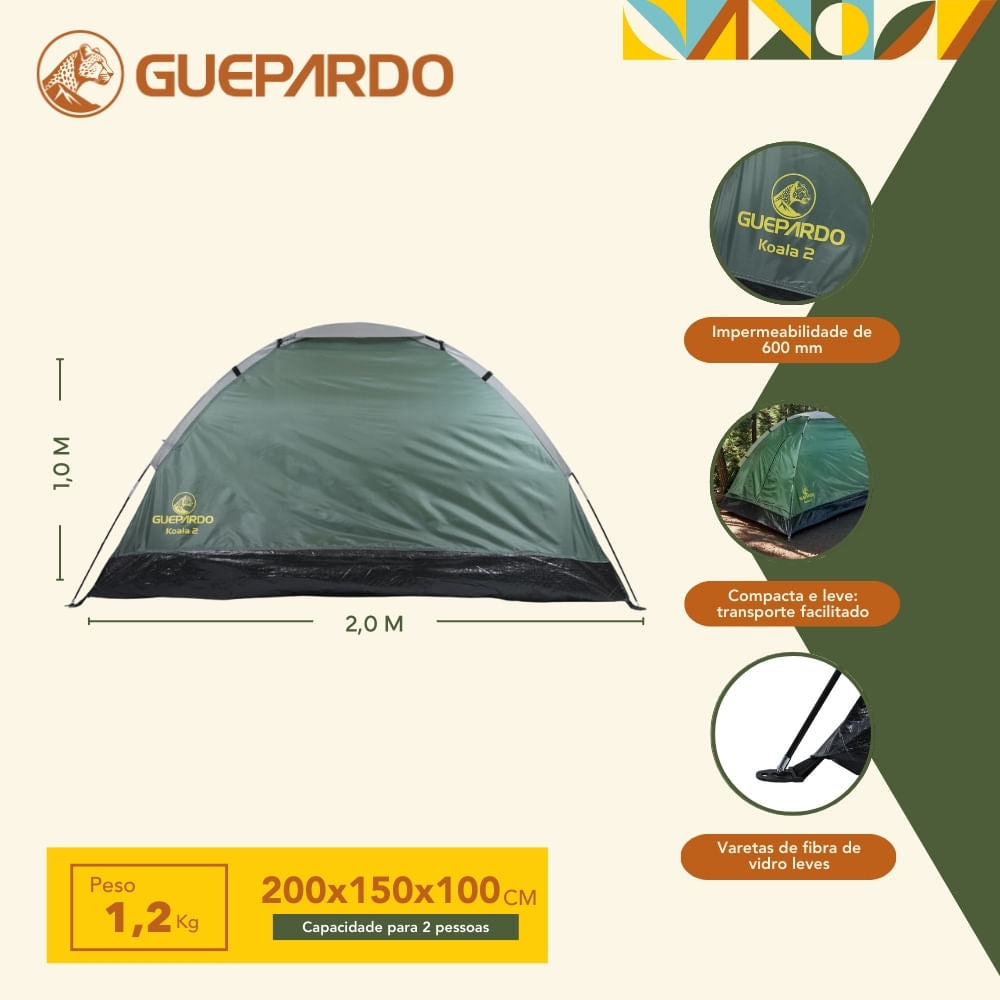 Barraca de Camping Koala 2 Pessoas Poliéster e Fibra de Vidro Guepardo