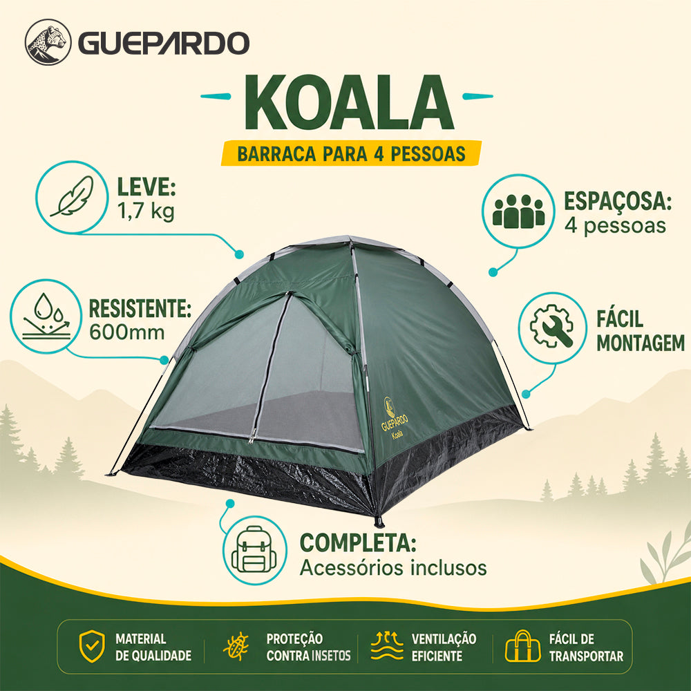 Barraca de Camping Koala 4 Pessoas Poliéster Varetas de Fibra Guepardo