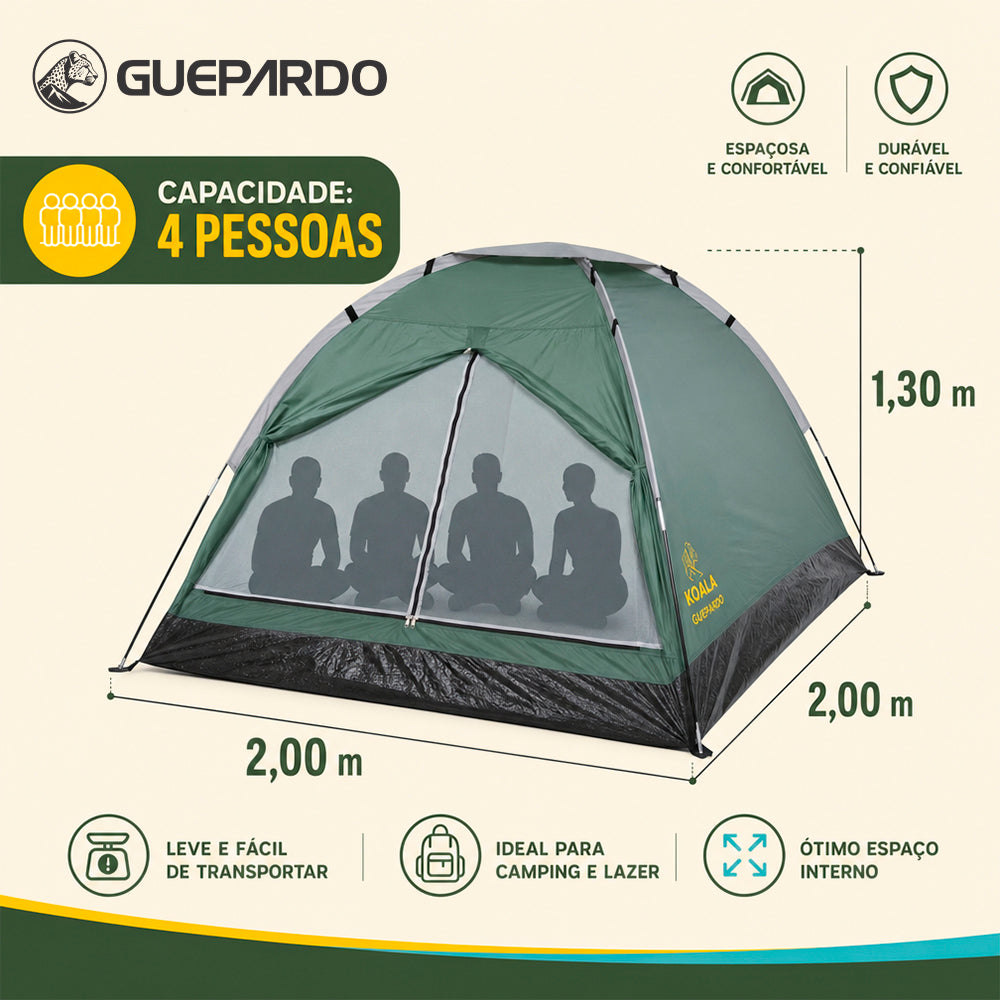 Barraca de Camping Koala 4 Pessoas Poliéster Varetas de Fibra Guepardo