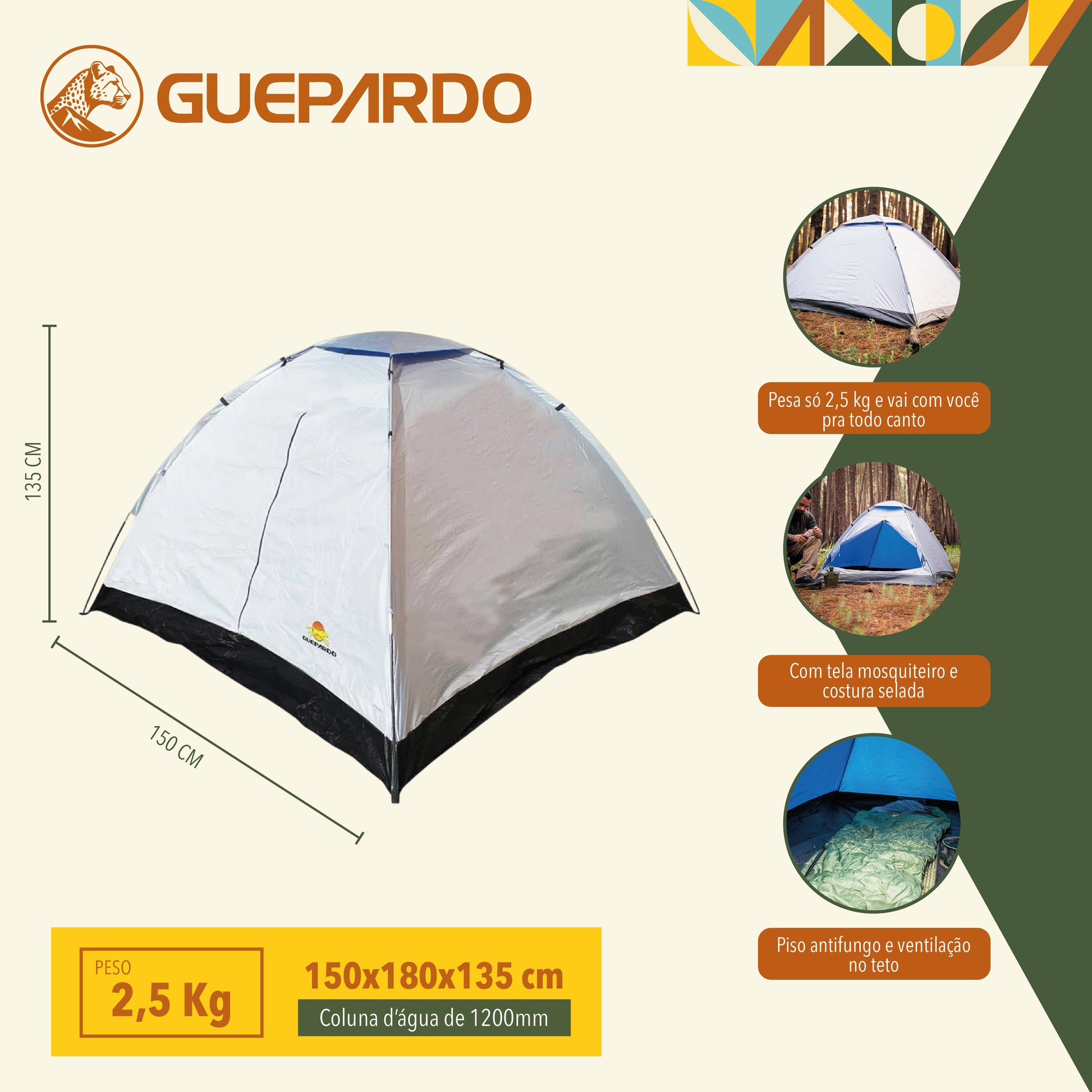 Barraca para camping Atena 3 pessoas Guepardo com porta dupla e coluna d'água de 1200 mm
