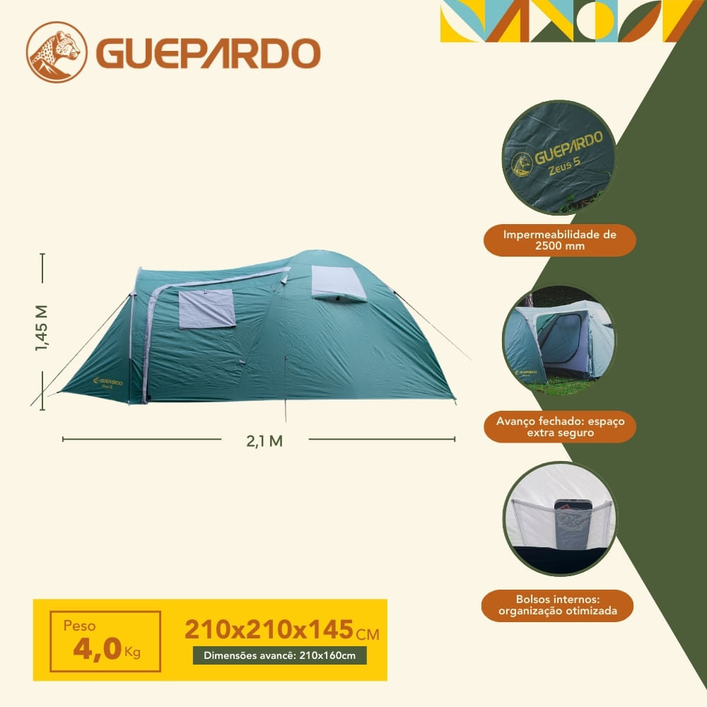 Barraca de Camping Zeus 5 Pessoas Guepardo 2500mm