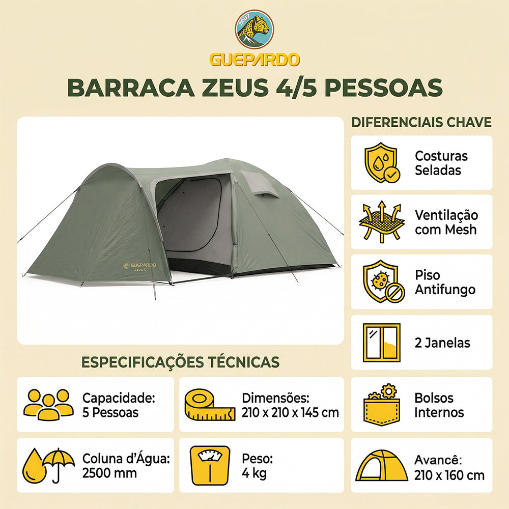 Barraca de Camping Zeus 4/5 Pessoas Guepardo 2500mm
