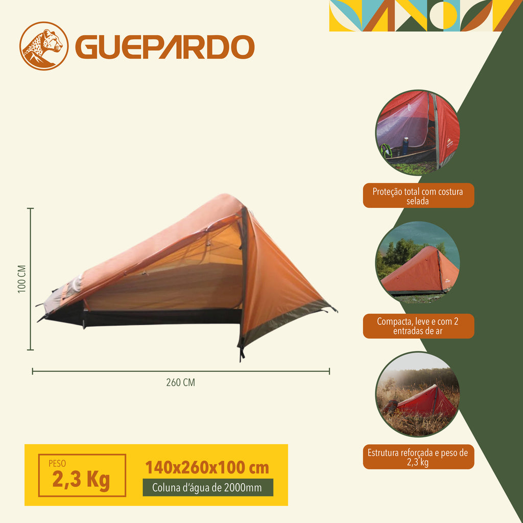 Barraca técnica para camping Everest 1 pessoa Guepardo com pequeno avancê lateral fechado e coluna d'água de 2000 mm