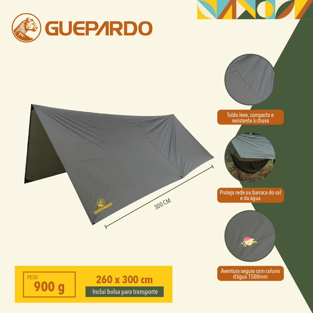 Toldo Impermeável 1500mm Guepardo 2,6x3m Amazon para Camping e Bivaque