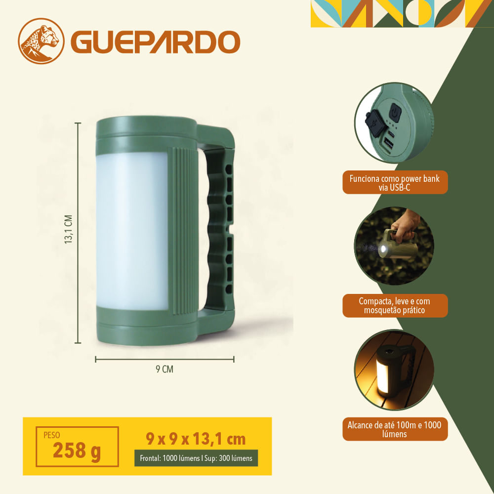 Lanterna/Lampião Tubelux Guepardo com Power Bank e Rotação 360°