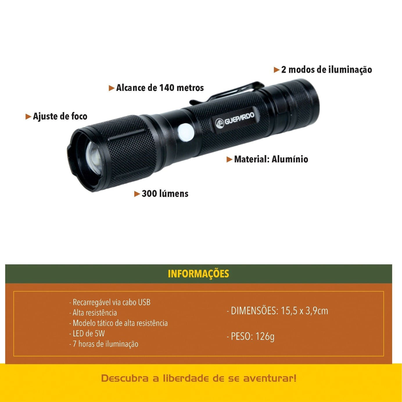 Lanterna recarregável Guepardo Attack de 140 lúmens