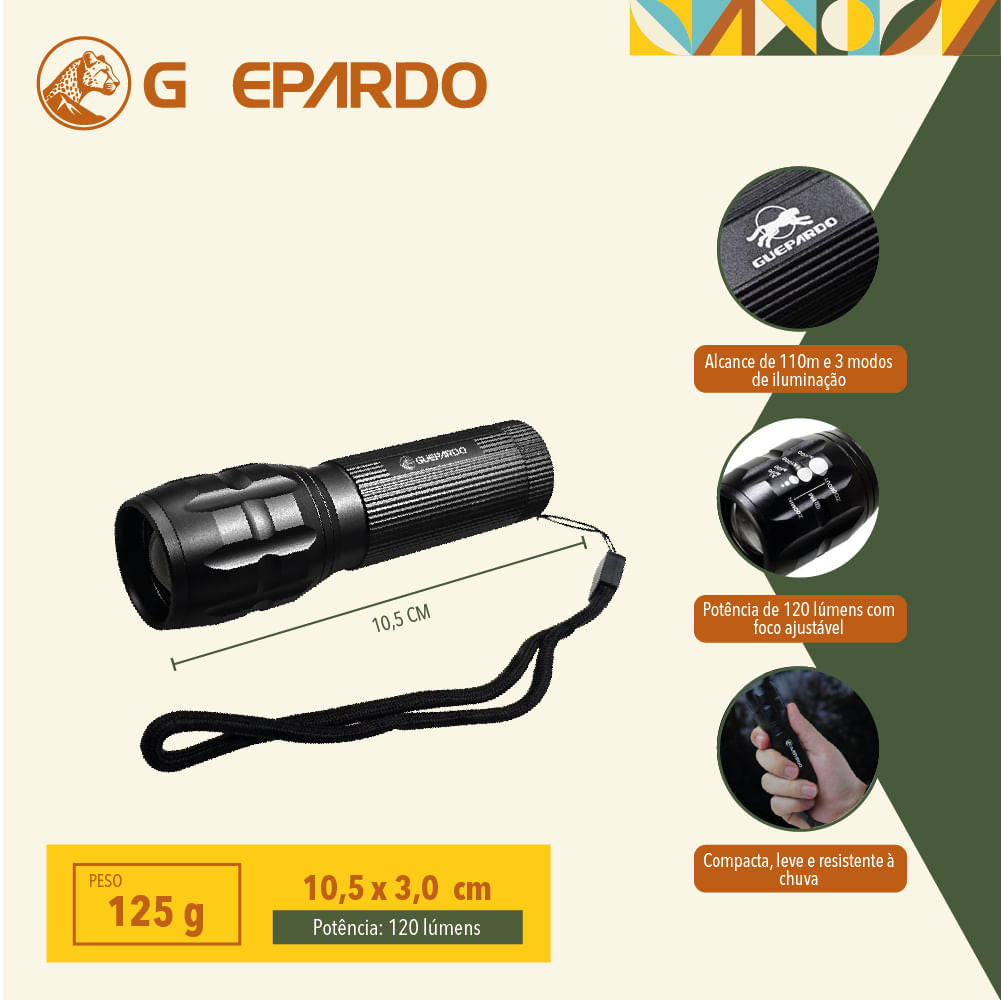 Lanterna de mão tática Premium Guepardo com ajuste de foco, compacta e potente