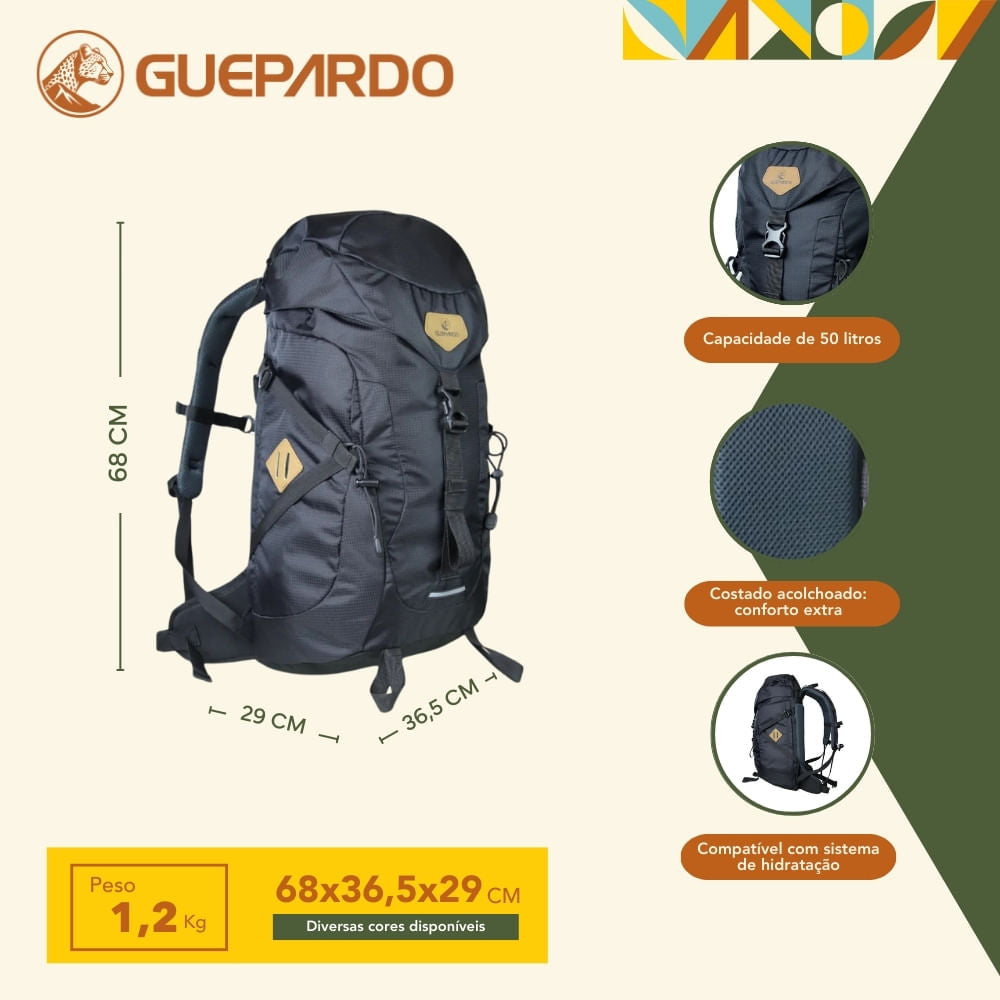 Mochila Guará 50 Litros Guepardo com Cinta Ajustável e Divisórias Internas