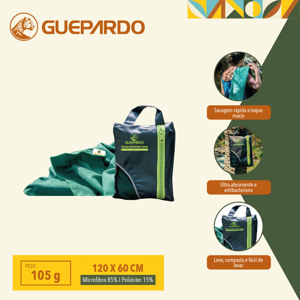 Toalha de camping Guepardo em microfibra antibactericida e absorvente Travel