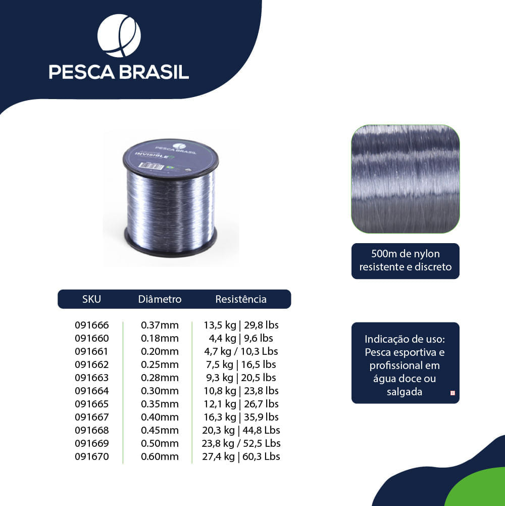 Linha de pesca 500m Aqualine Invisible 0,50mm Pesca Brasil monofilamento transparente
