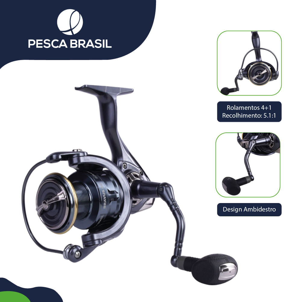 Molinete Bravus 60 Pesca Brasil 4+1 Rolamentos e Ambidestro