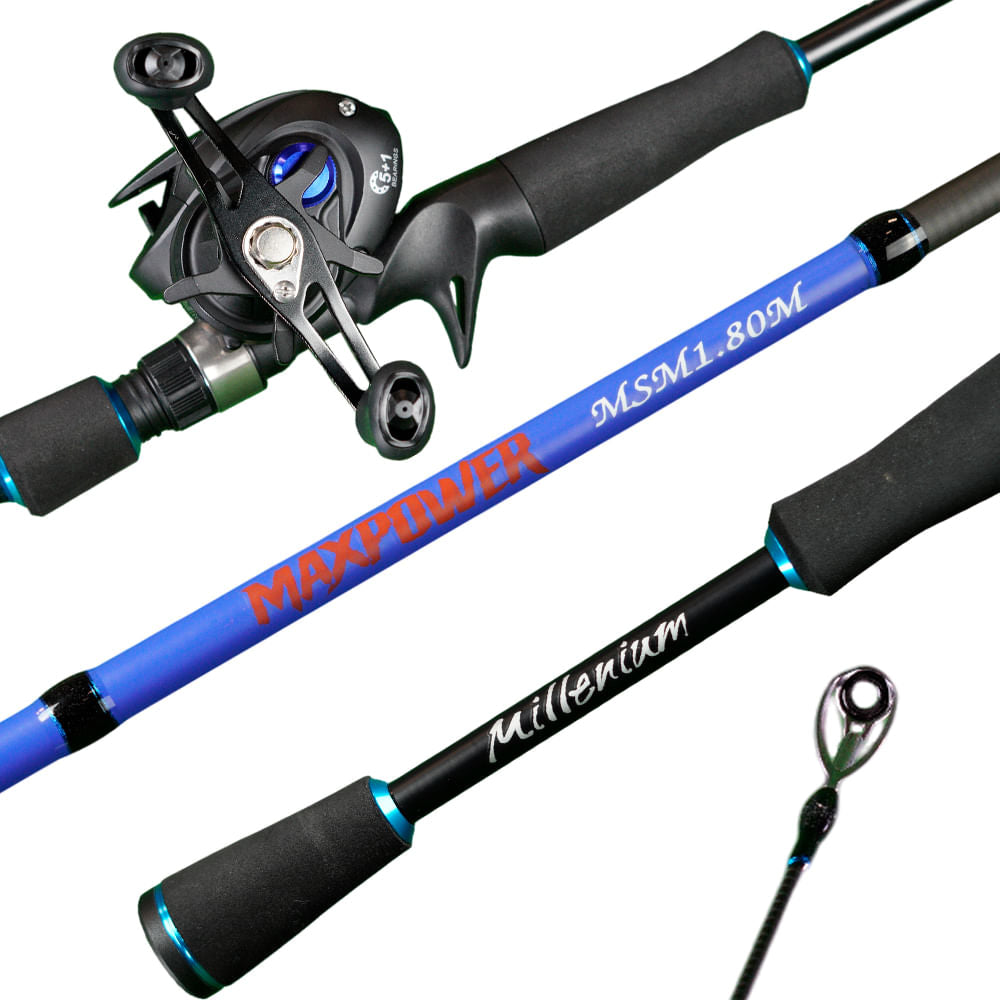 Combo Vara e Carretilha Maxpower Esquerda em Fibra de Carbono 1,80m Azul Pesca Brasil