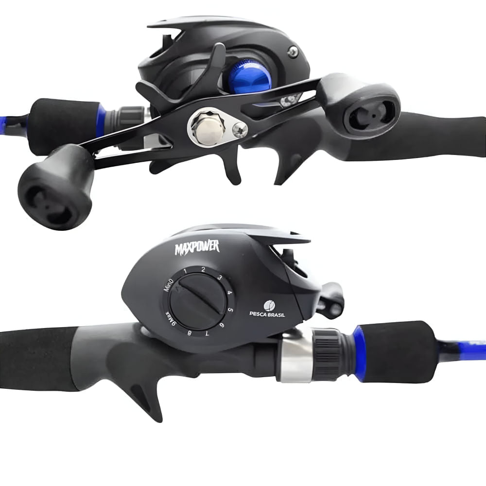 Combo Vara e Carretilha Maxpower Esquerda em Fibra de Carbono 1,80m Azul Pesca Brasil