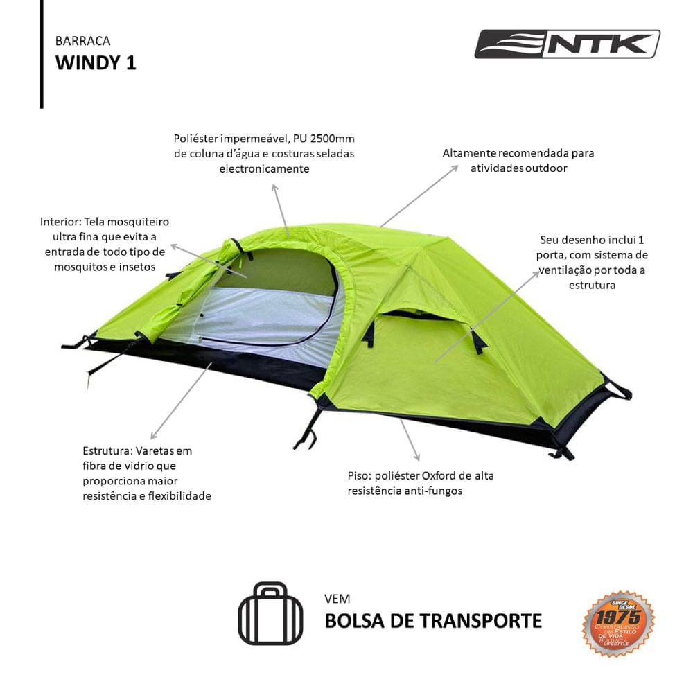 Barraca de Camping 1 Pessoa Windy NTK 2500mm Costura Selada