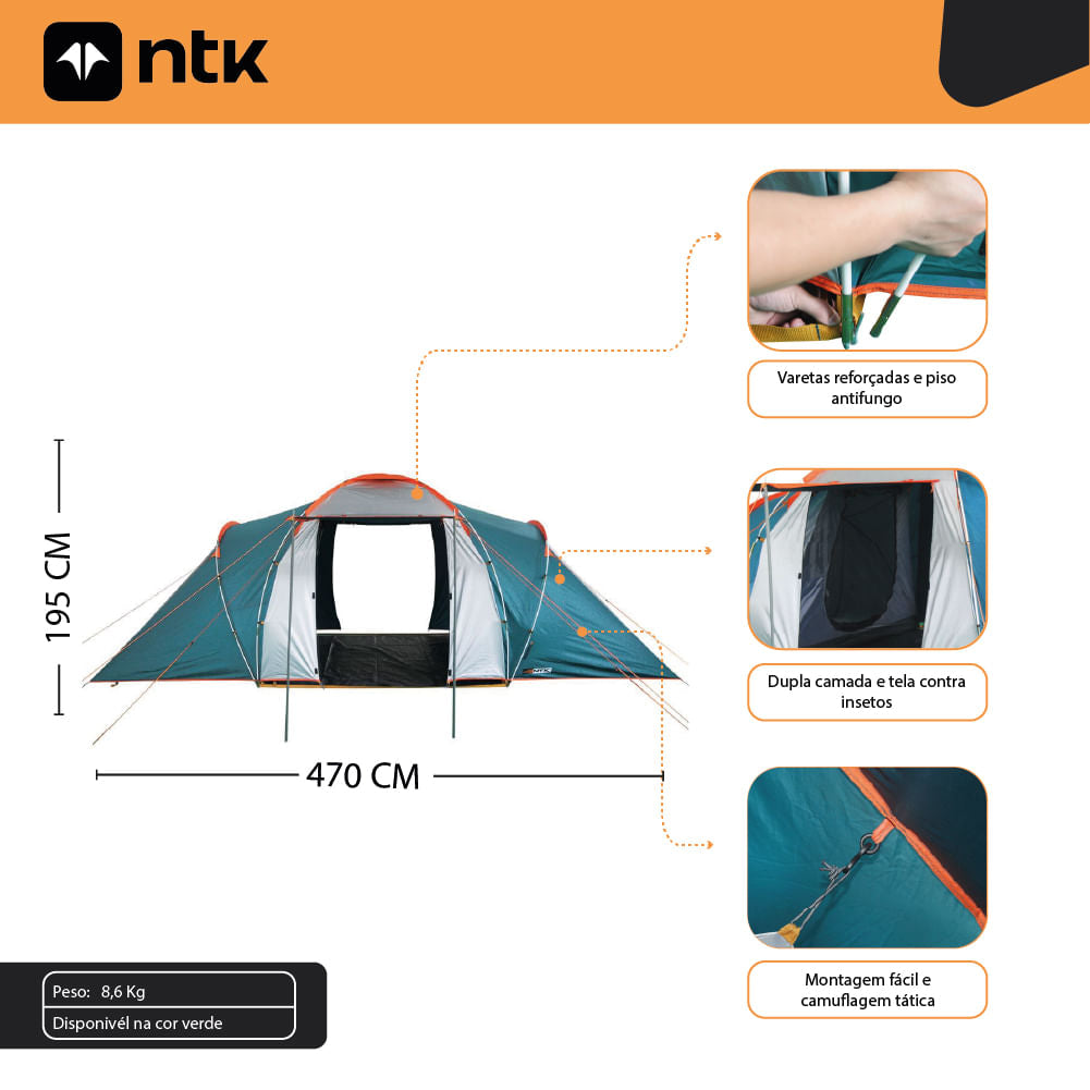 Barraca de Camping 5/6 Pessoas Explorer NTK 2500 mm Tela Mosquiteiro No-See-Um