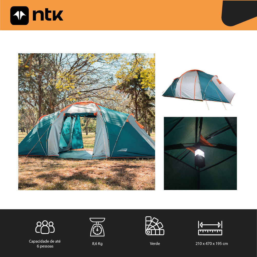 Barraca de Camping 5/6 Pessoas Explorer NTK 2500 mm Tela Mosquiteiro No-See-Um