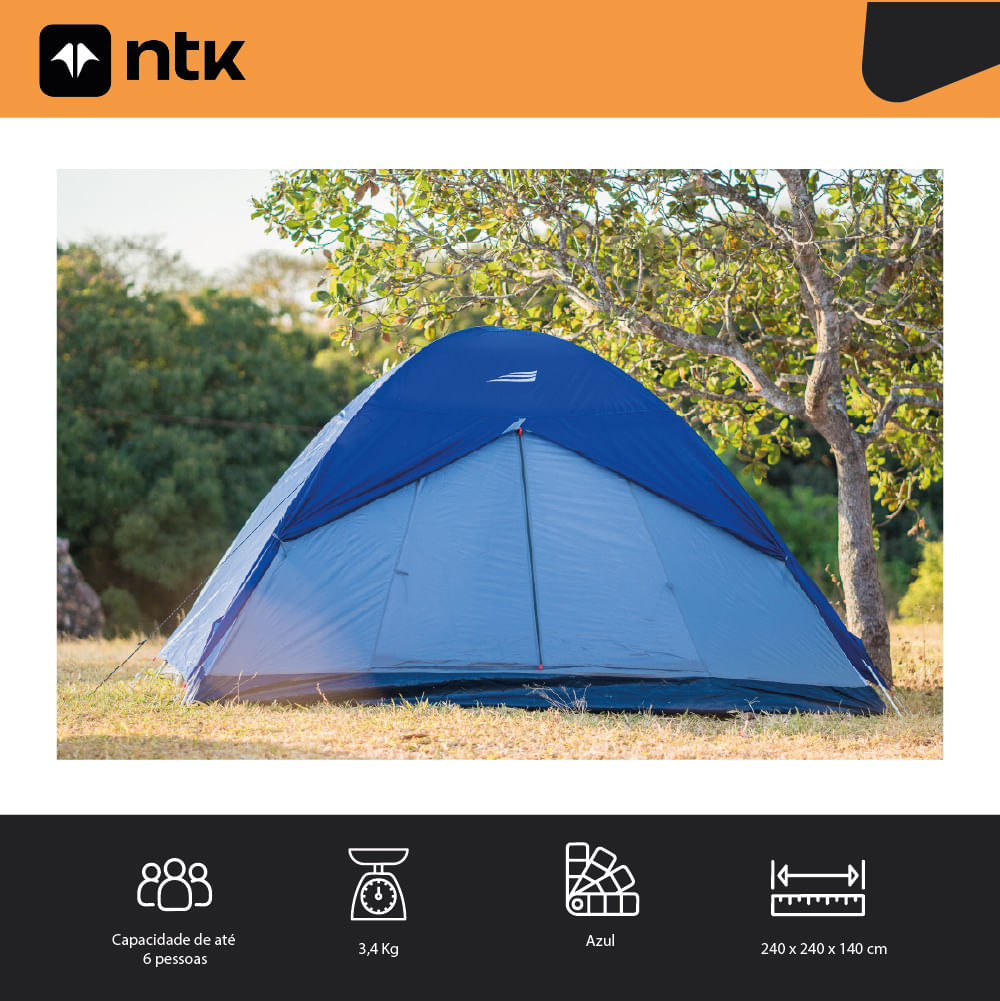 Barraca de Camping 5/6 Pessoas Fox NTK 1800 mm Impermeável, Tela Mosquiteiro