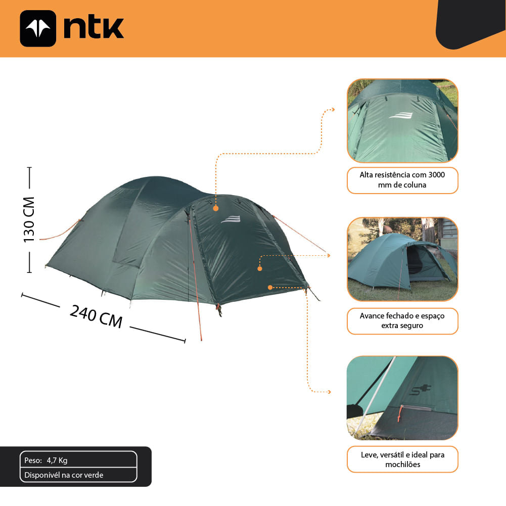 Barraca de Camping 3/4 Pessoas Patagônia NTK Coluna d’água 3000 mm com Avancê