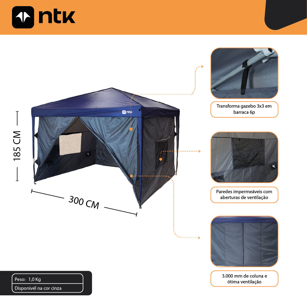 Parede para Gazebo Transform Wall em Poliéster 190T 3x3m Preto NTK