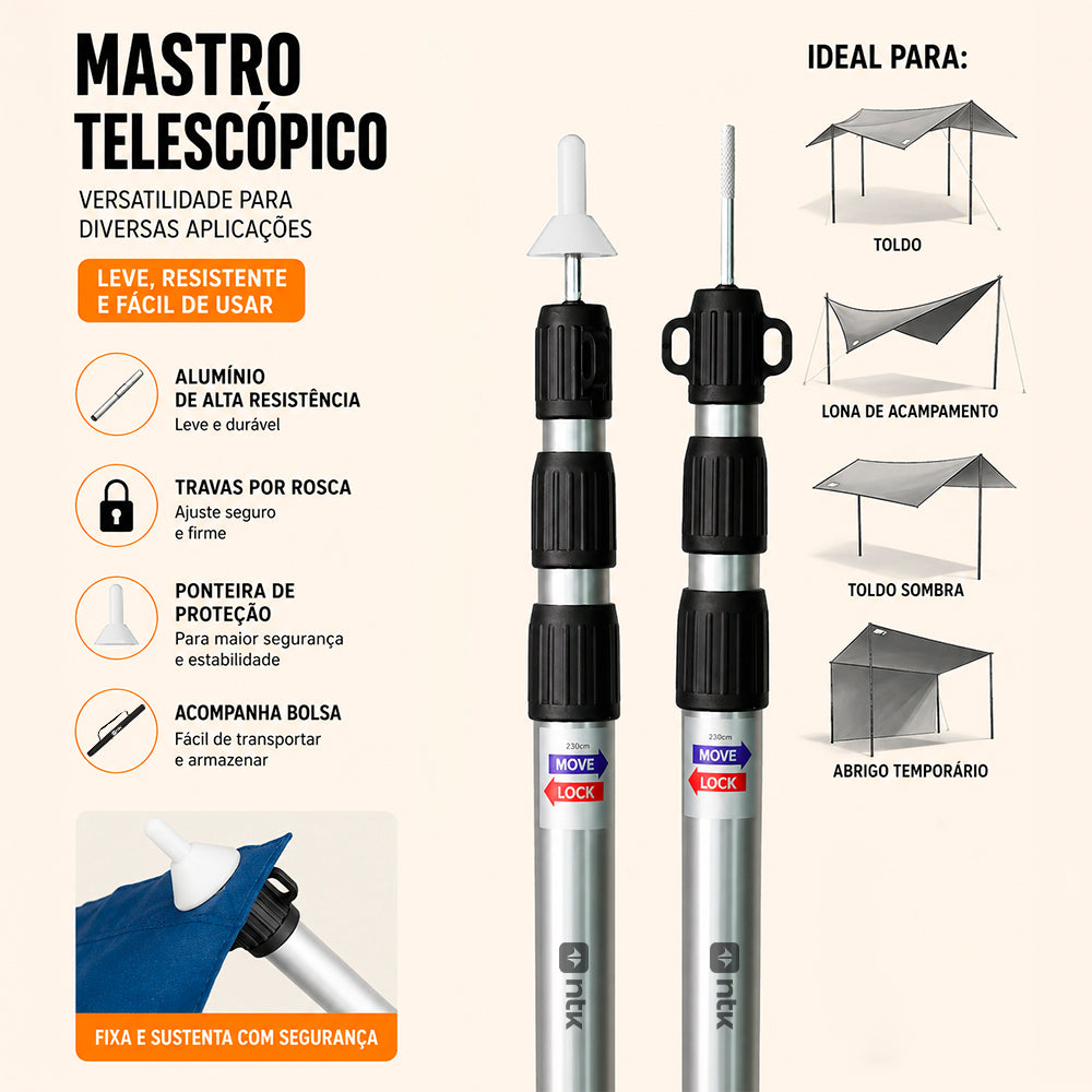 Conjunto de Mastros Telescópicos NTK Liga de Alumínio 90cm-2,3m