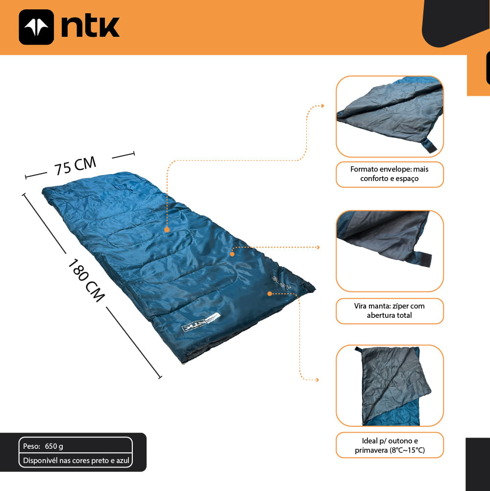 Saco de Dormir Solteiro Isolamento 8° a 15°C Bugy NTK