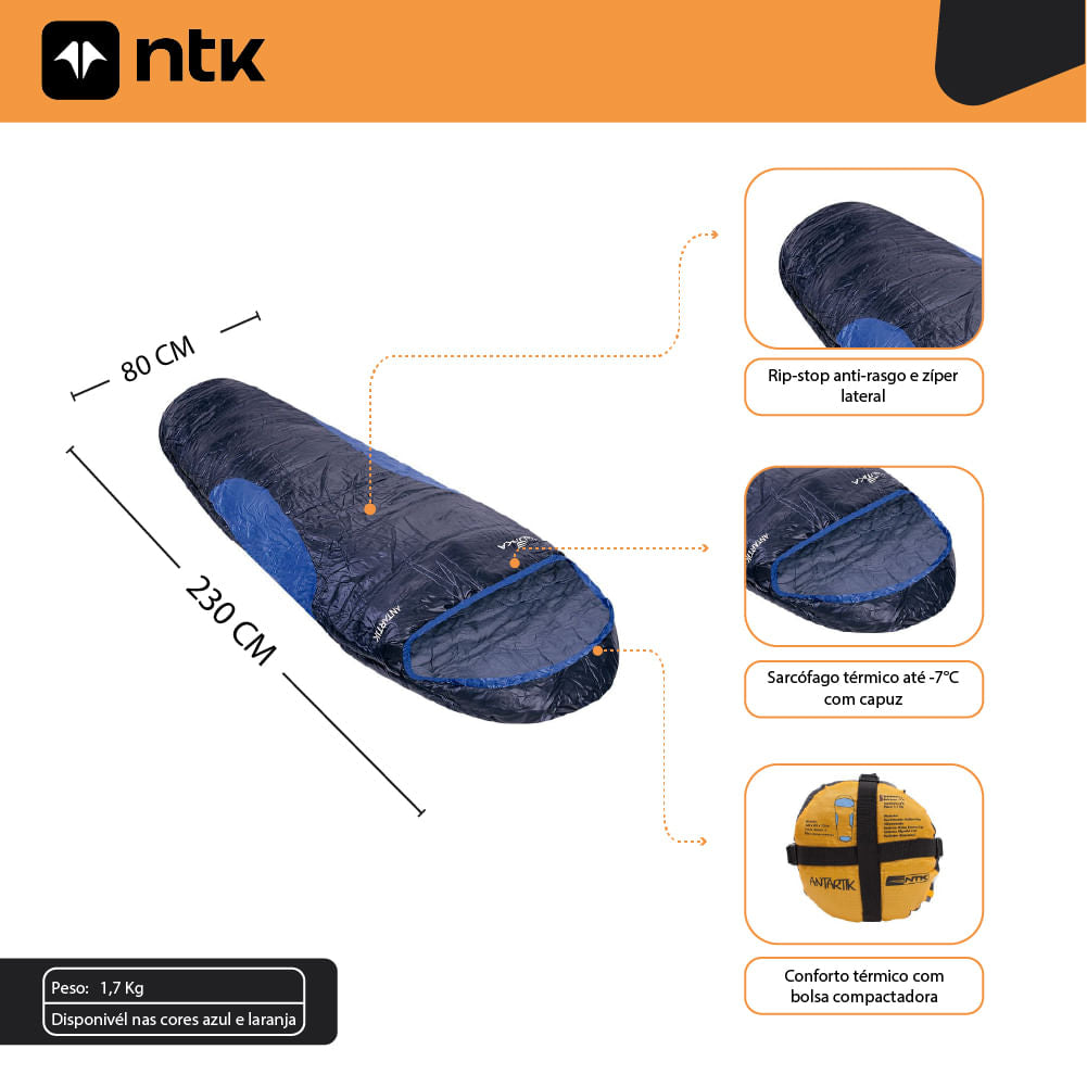 Saco de Dormir Solteiro -7° a 3°C com Capuz Curvo Antartik NTK