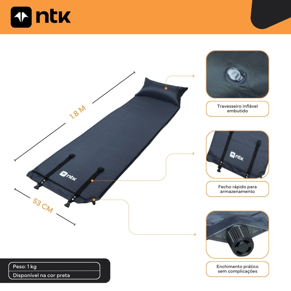 Colchonete Inflável 180x53x3cm Poliéster PVC Cozy NTK