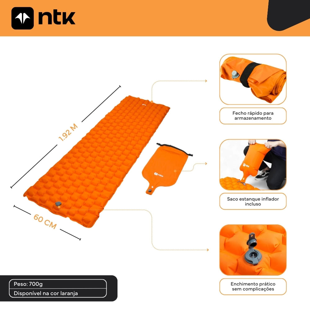 Colchonete Inflável 192x60x5cm Nylon TPU Sleep Pack NTK