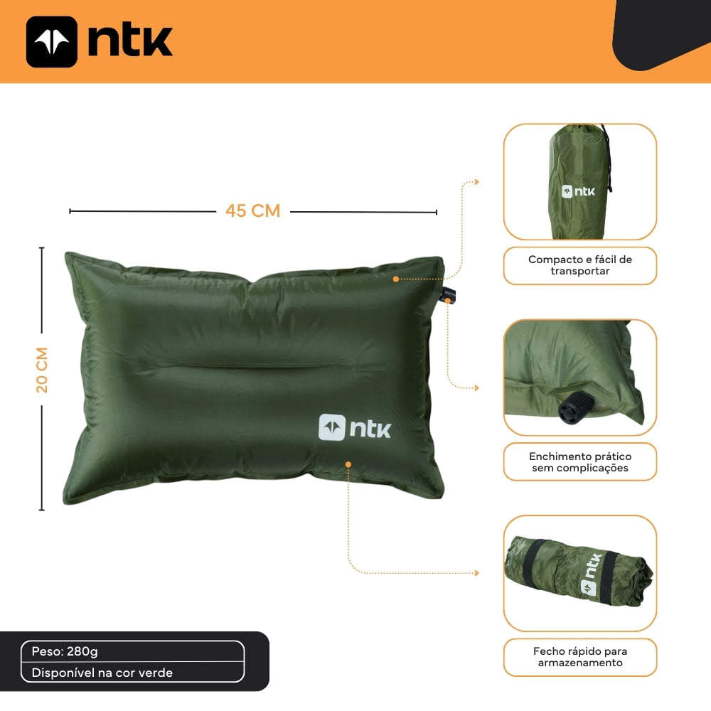 Travesseiro Auto Inflável 45x20x10cm Poliéster PVC Comfy NTK