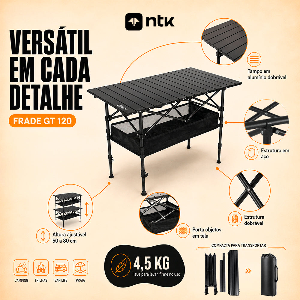 Mesa Dobrável Frade GT 120 NTK com Porta Objetos