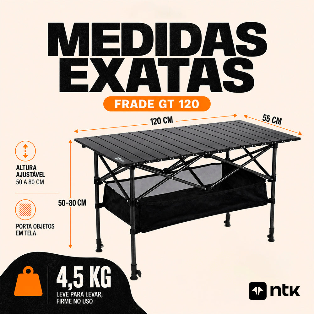 Mesa Dobrável Frade GT 120 NTK com Porta Objetos