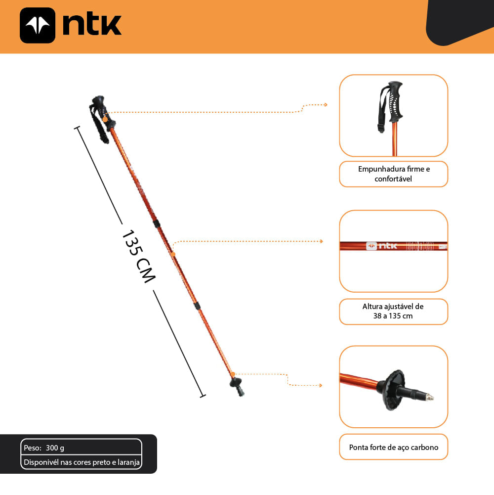 Bastão de Caminhada Trek Pro Ajustável de 65 cm a 1,35 m Duralumínio NTK