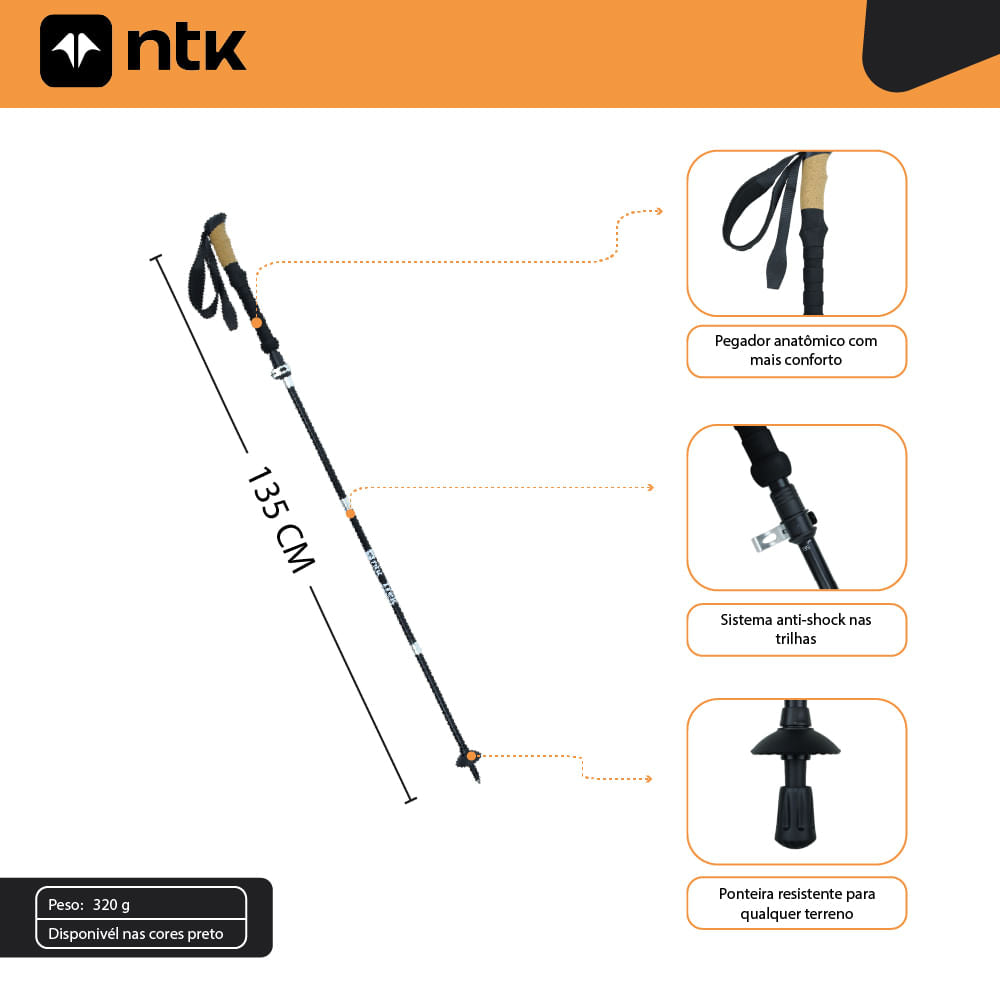 Bastão de Caminhada Ajustável 38 cm a 135 cm Dobrável Trek Race NTK