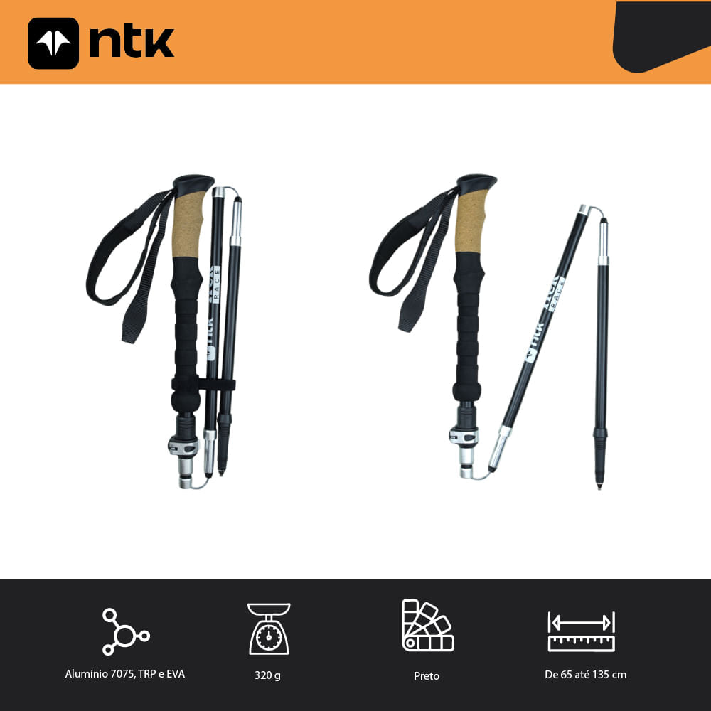 Bastão de Caminhada Ajustável 38 cm a 135 cm Dobrável Trek Race NTK