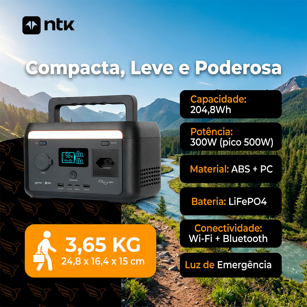 Estação de Energia Portátil NTK/Geonav 300W 204,8Wh 127V até 3000 Ciclos