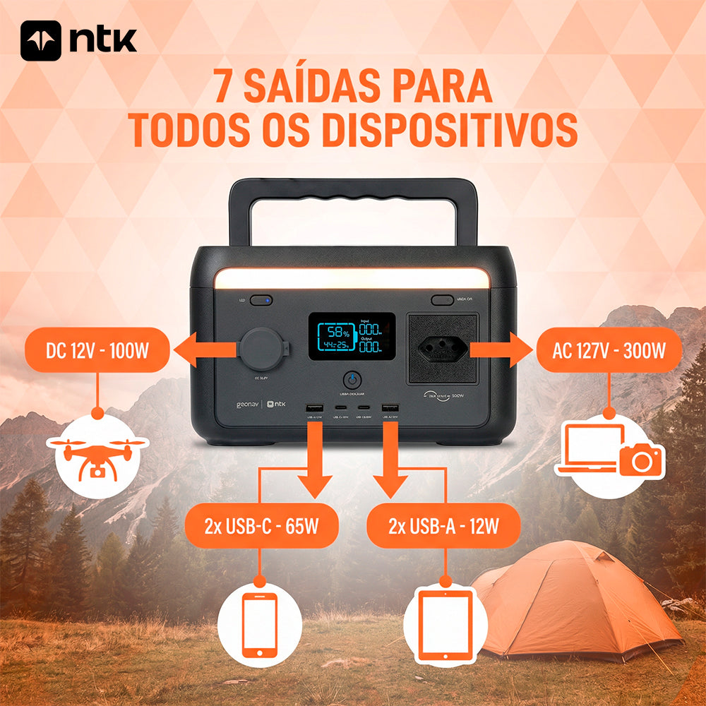 Estação de Energia Portátil NTK/Geonav 300W 204,8Wh 127V até 3000 Ciclos