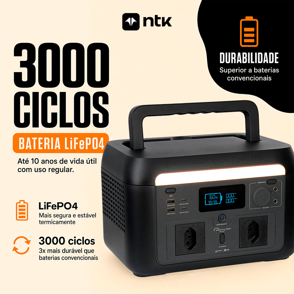 Estação de Energia Portátil 600W com Bateria LiFePO4
