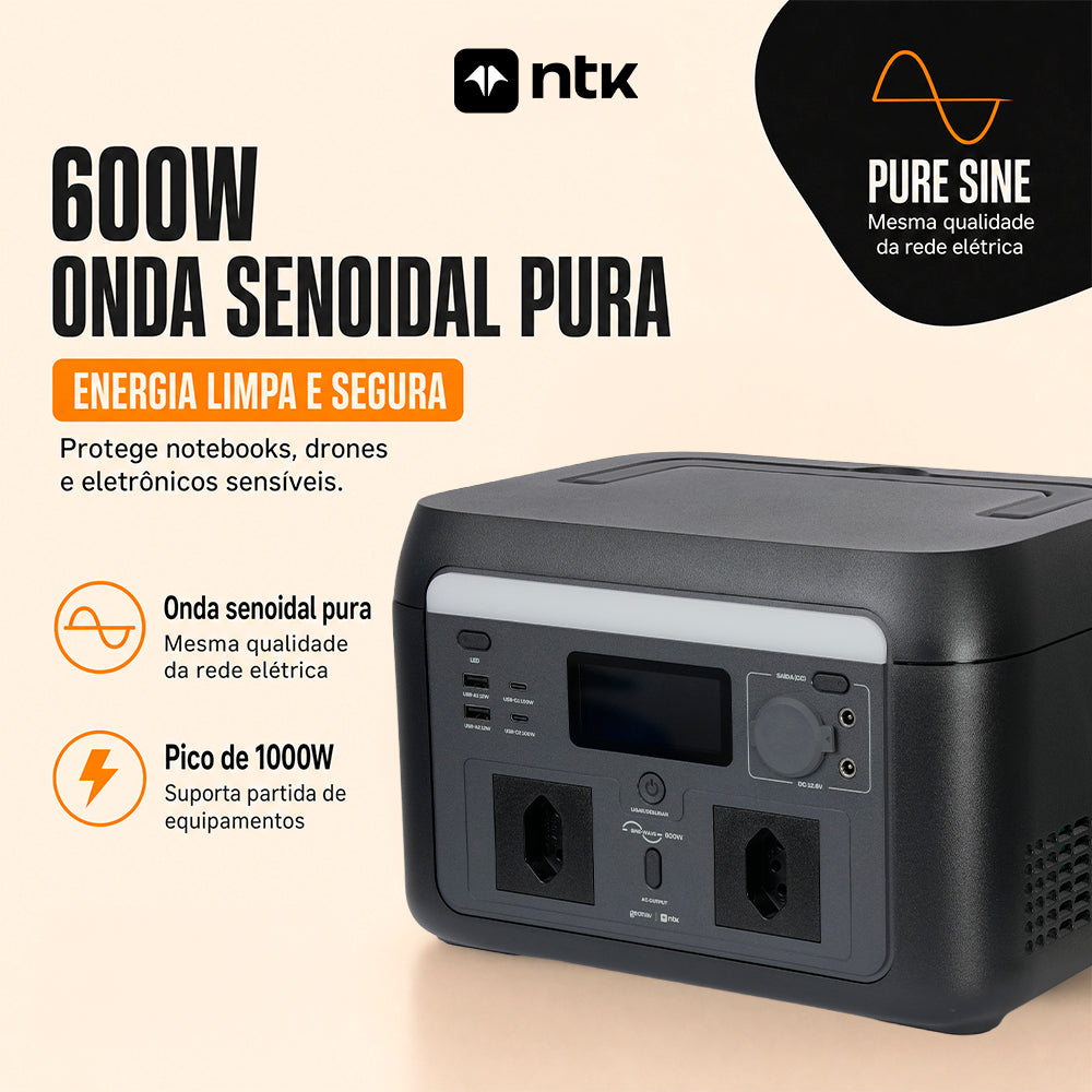 Estação de Energia Portátil 600W com Bateria LiFePO4