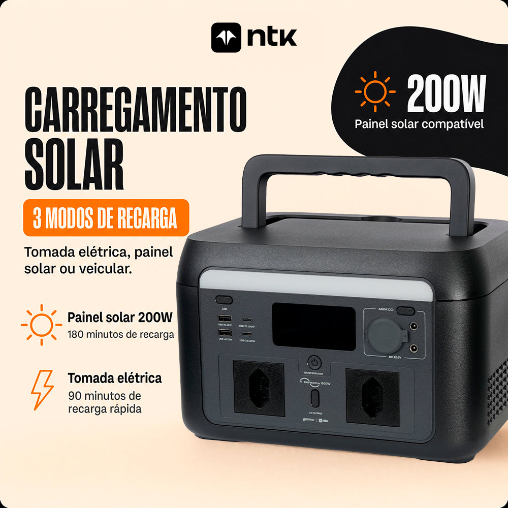 Estação de Energia Portátil 600W com Bateria LiFePO4