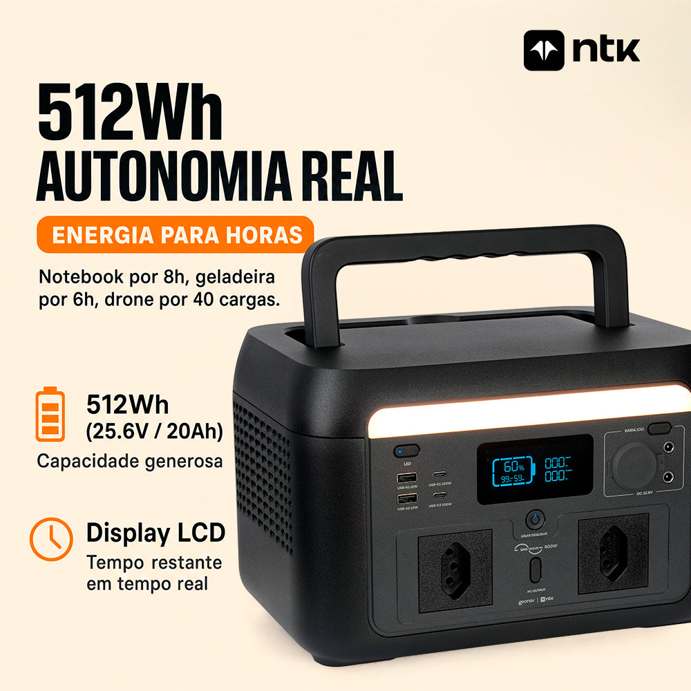 Estação de Energia Portátil 600W com Bateria LiFePO4
