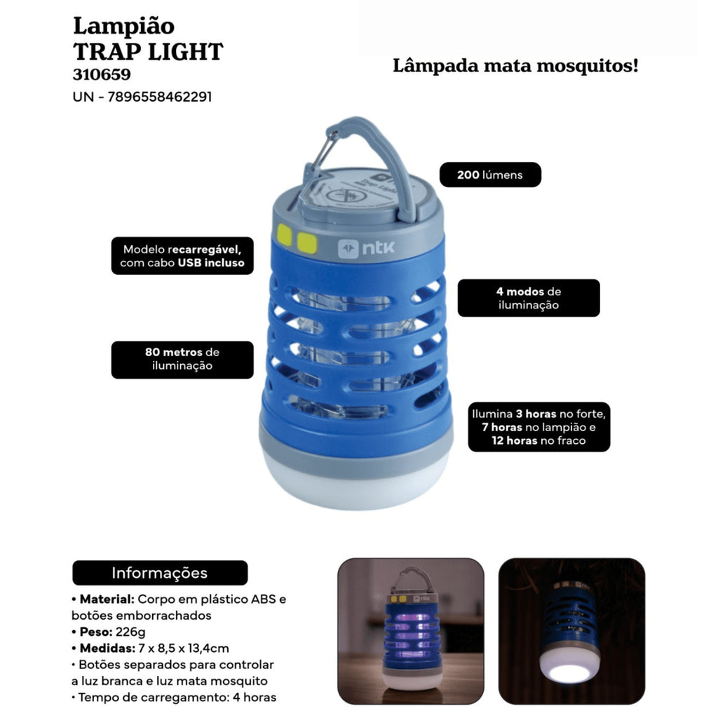 Lampião Lanterna Trap Light NTK LED USB Recarregável