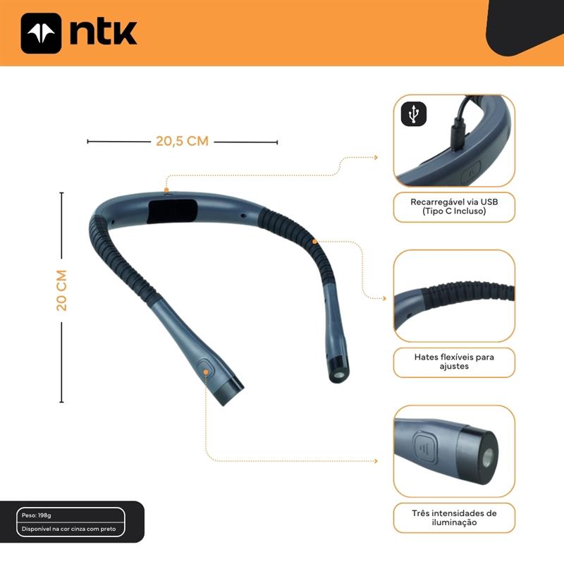 Lanterna de Pescoço NTK | LED 80 Lumens | 3 Modos de Luz | Recarregável | Resistente