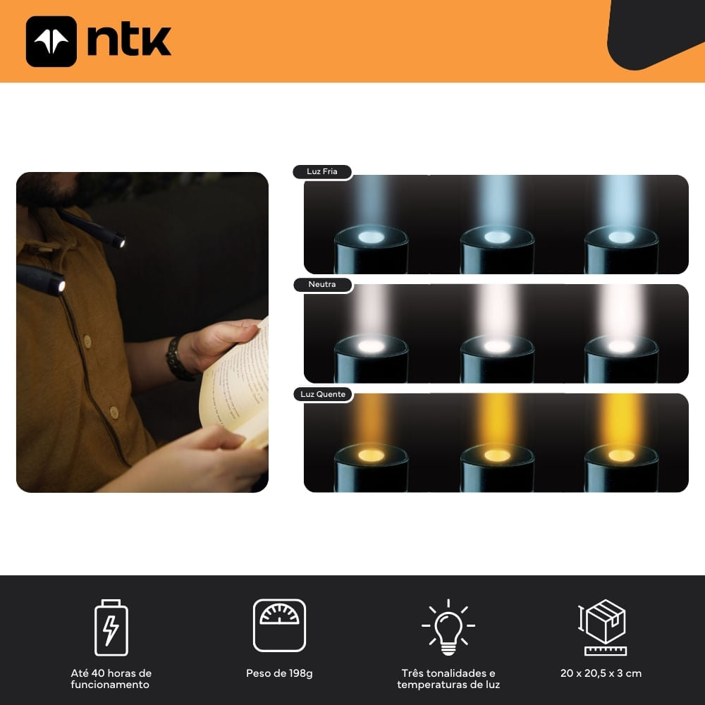 Lanterna de Pescoço NTK | LED 80 Lumens | 3 Modos de Luz | Recarregável | Resistente