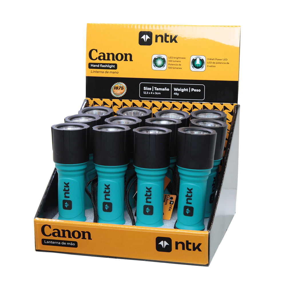 Lanterna de mão Canon de 100 lúmens a pilha (3x AAA) NTK - Embalagem com 12 peças