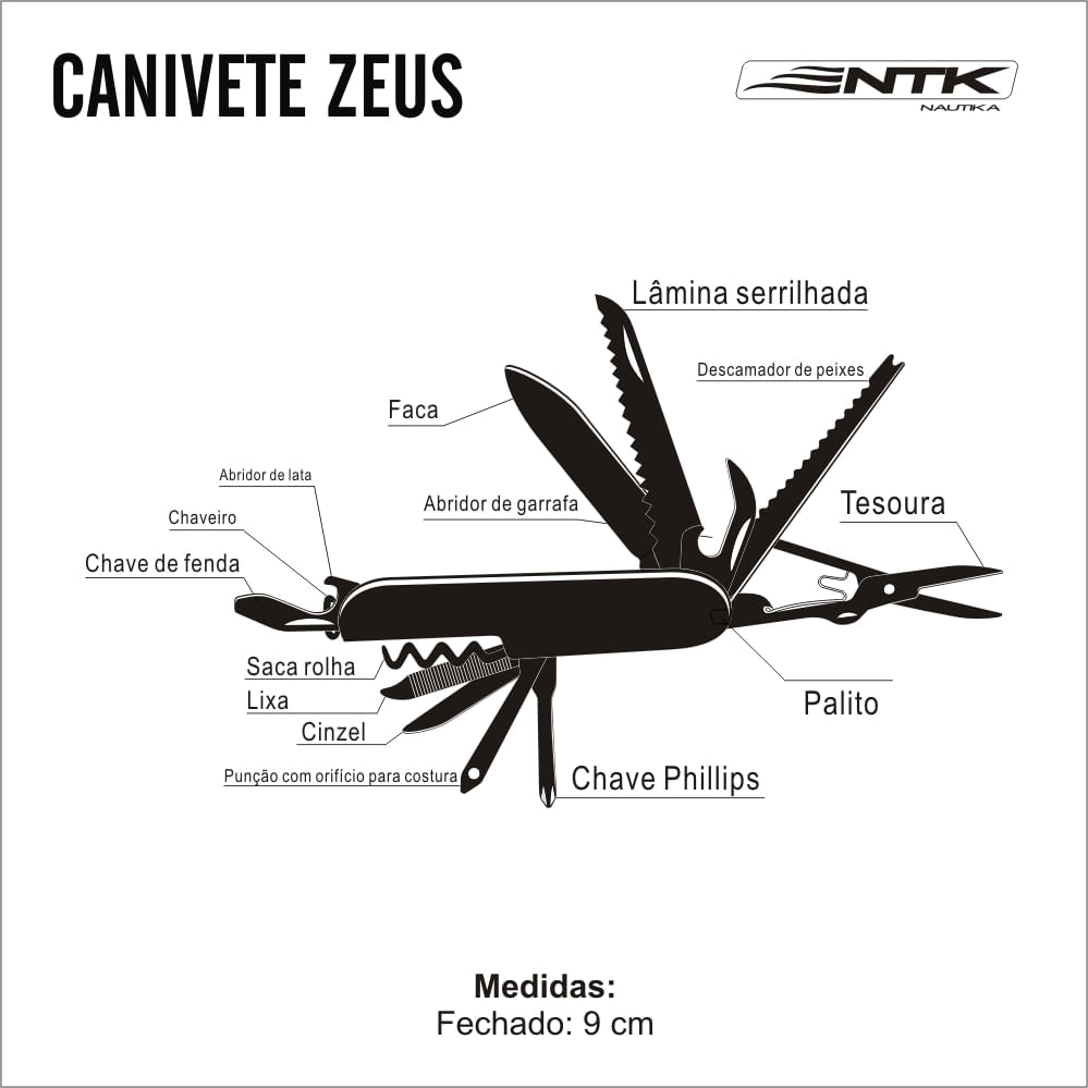 Canivete Multifunção Zeus Nautika com 15 funções