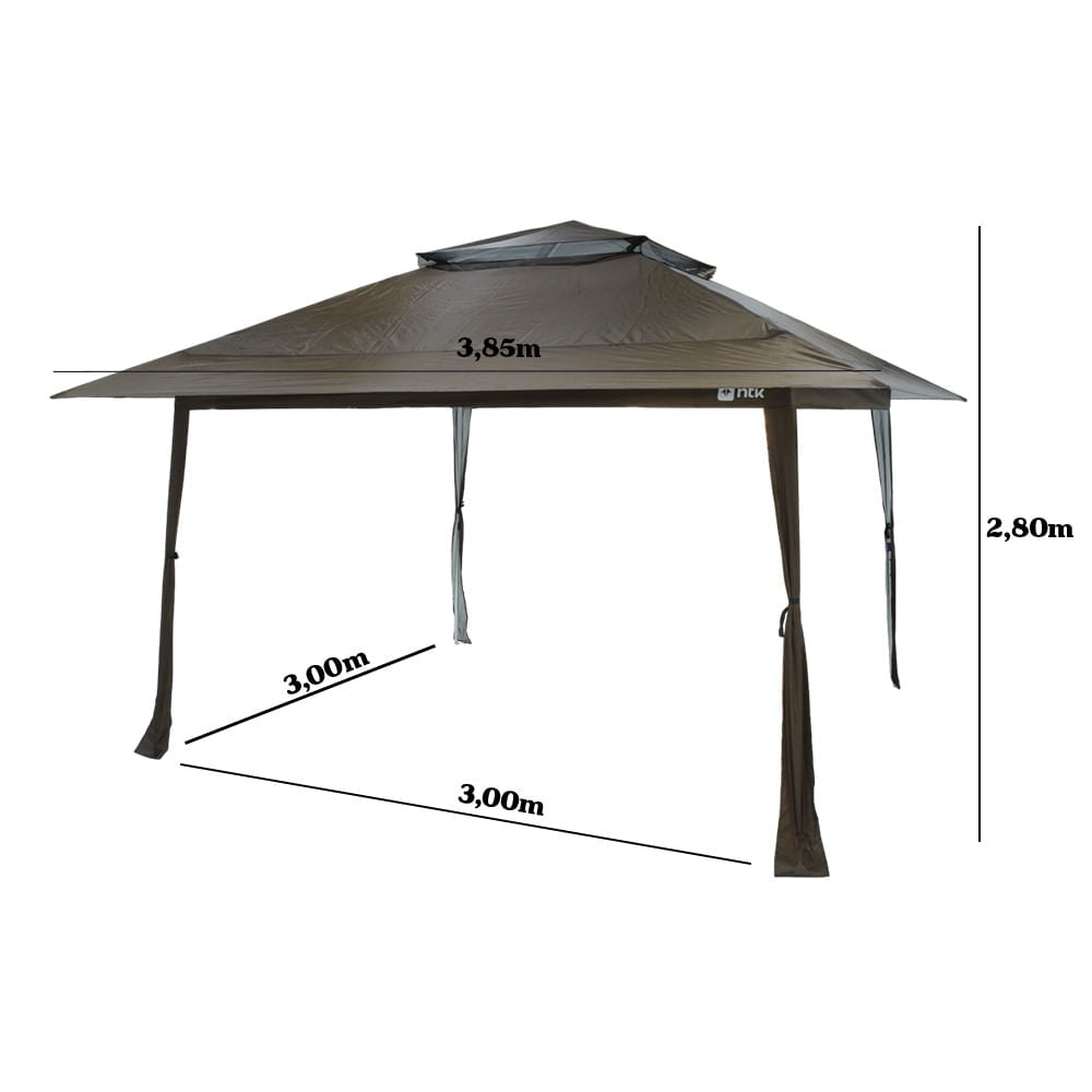 Gazebo 3,85x3,85m Deluxx NTK com Proteção Térmica e UV+50, Tela Mosquiteiro e Ventilação Superior